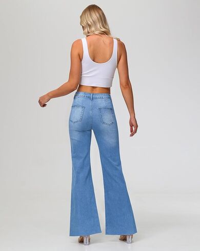 KDF Wide Leg Jeans for Woman Baggy Stretchy Loose Trendy Frayed Hem Denim Boyfriend Pants in Kuwait