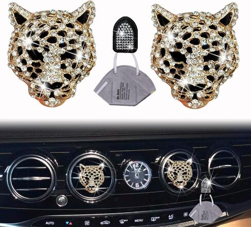 2 Pcs Golden Bling Leopard Air Fresheners, Crystal Car Diffuser Vent Clip Rhinestone Decoration for Women, Auto Accessories, Automotive Air Fresheners in Saudi Arabia