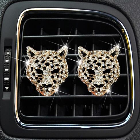 2 Pcs Golden Bling Leopard Air Fresheners, Crystal Car Diffuser Vent Clip Rhinestone Decoration for Women, Auto Accessories, Automotive Air Fresheners in Saudi Arabia