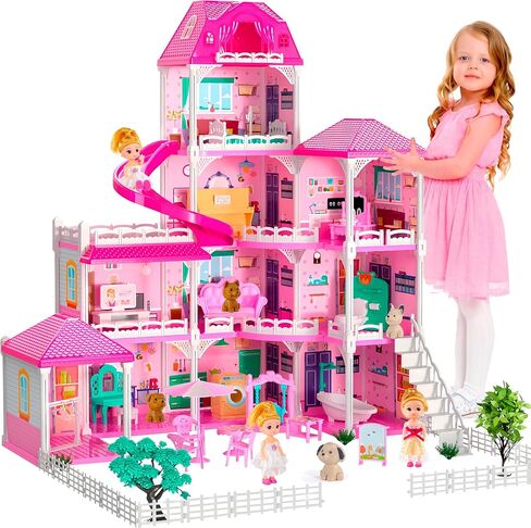 Doll House Playset for Kids Girls, 4 Storey, 13 Rooms, 3 Dolls & 2 Puppies, Furniture & Accessories for 5,6,7,8 Year Old Girls (Purple) in Saudi Arabia