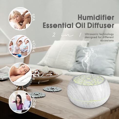 550ml Large Capacity Essential Oil Diffuser 6 Essentil Oil Set Aromatherapy Ultrasonic Air Humidifier with Timer and 7 Color LED Night Light Remote Control Waterless Auto-Off White Wood Grain in Saudi Arabia
