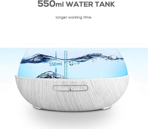 550ml Large Capacity Essential Oil Diffuser 6 Essentil Oil Set Aromatherapy Ultrasonic Air Humidifier with Timer and 7 Color LED Night Light Remote Control Waterless Auto-Off White Wood Grain in Saudi Arabia