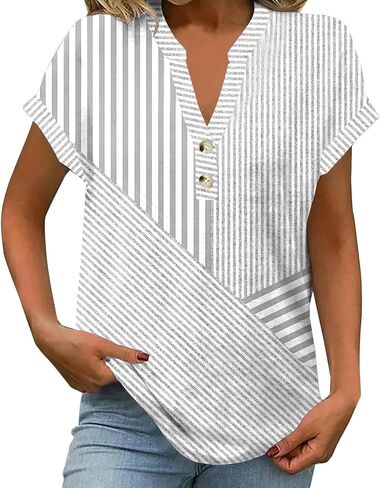 نساء مخطط Henley Tops v Buck Button Dary Dary Tharts Tirts Blouses 2025 Endery Complements in Kuwait