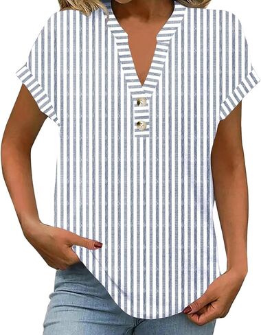 نساء مخطط Henley Tops v Buck Button Dary Dary Tharts Tirts Blouses 2025 Endery Complements in Kuwait