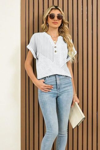 نساء مخطط Henley Tops v Buck Button Dary Dary Tharts Tirts Blouses 2025 Endery Complements in Kuwait