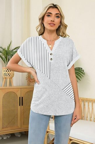 نساء مخطط Henley Tops v Buck Button Dary Dary Tharts Tirts Blouses 2025 Endery Complements in Kuwait