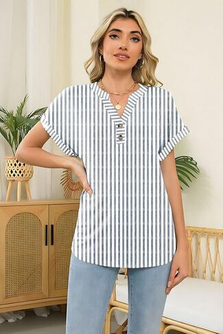 نساء مخطط Henley Tops v Buck Button Dary Dary Tharts Tirts Blouses 2025 Endery Complements in Kuwait