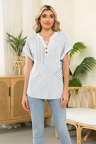 نساء مخطط Henley Tops v Buck Button Dary Dary Tharts Tirts Blouses 2025 Endery Complements in Kuwait