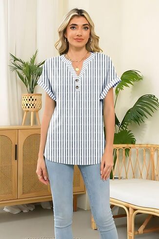 نساء مخطط Henley Tops v Buck Button Dary Dary Tharts Tirts Blouses 2025 Endery Complements in Kuwait