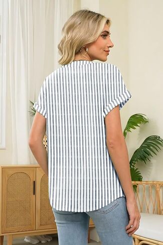 نساء مخطط Henley Tops v Buck Button Dary Dary Tharts Tirts Blouses 2025 Endery Complements in Kuwait