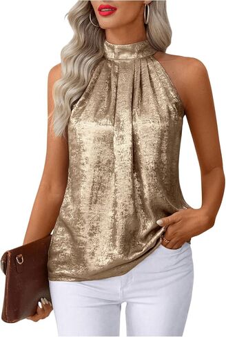 Women's Metallic Sleeveless Halter Tops Pleated Elegant Tank Top Casual Summer Work Shirts in Saudi Arabia