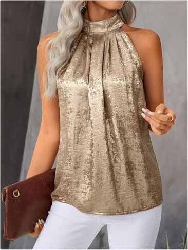 Women's Metallic Sleeveless Halter Tops Pleated Elegant Tank Top Casual Summer Work Shirts in Saudi Arabia