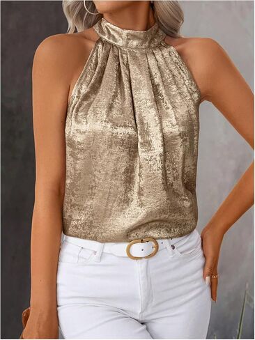 Women's Metallic Sleeveless Halter Tops Pleated Elegant Tank Top Casual Summer Work Shirts in Saudi Arabia