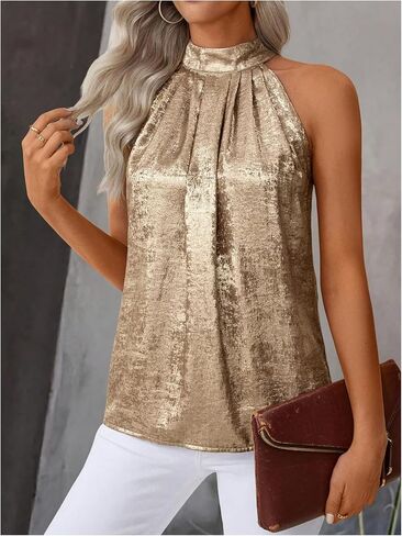 Women's Metallic Sleeveless Halter Tops Pleated Elegant Tank Top Casual Summer Work Shirts in Saudi Arabia