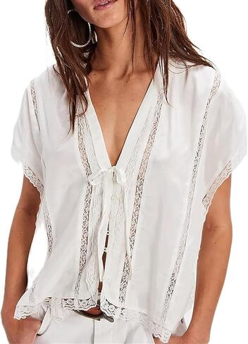 Women's Lace Semi Sheer Top Y2k Button Front Open Tie Up Tank Crop Blouse Shirt Cute Coquette Vest Summer in Kuwait