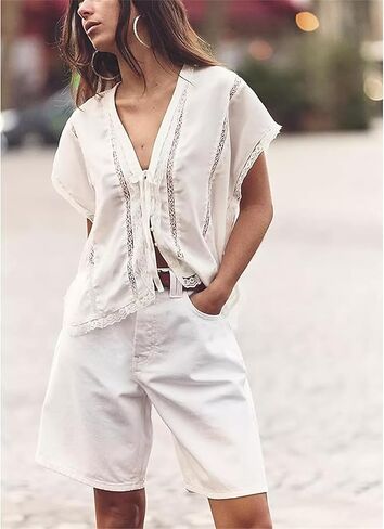 Women's Lace Semi Sheer Top Y2k Button Front Open Tie Up Tank Crop Blouse Shirt Cute Coquette Vest Summer in Kuwait