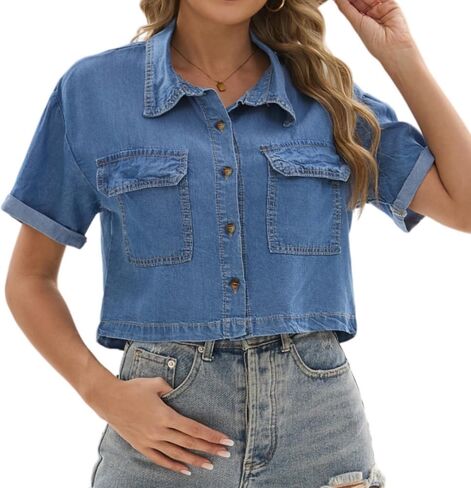 Women Cropped Button Down Denim Shirt Casual Short Sleeve Jean Tops with Pockets in Saudi Arabia