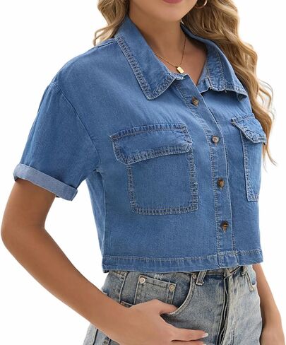 Women Cropped Button Down Denim Shirt Casual Short Sleeve Jean Tops with Pockets in Saudi Arabia