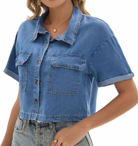Women Cropped Button Down Denim Shirt Casual Short Sleeve Jean Tops with Pockets in Saudi Arabia