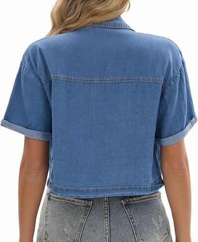 Women Cropped Button Down Denim Shirt Casual Short Sleeve Jean Tops with Pockets in Saudi Arabia