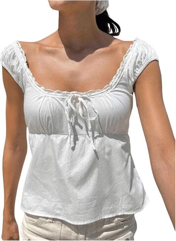 SweatyRocks Women's Tie Front Lace Blouse Square Neck Cap Sleeve Summer Peplum Tops in Saudi Arabia