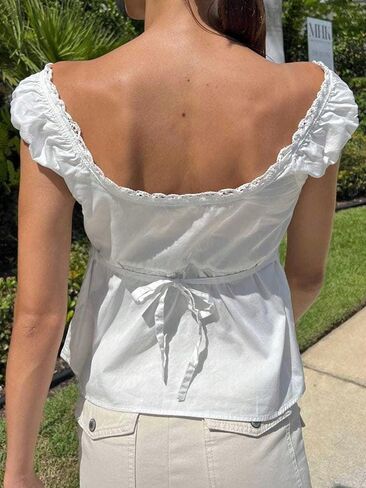 SweatyRocks Women's Tie Front Lace Blouse Square Neck Cap Sleeve Summer Peplum Tops in Saudi Arabia