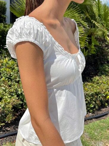 SweatyRocks Women's Tie Front Lace Blouse Square Neck Cap Sleeve Summer Peplum Tops in Saudi Arabia
