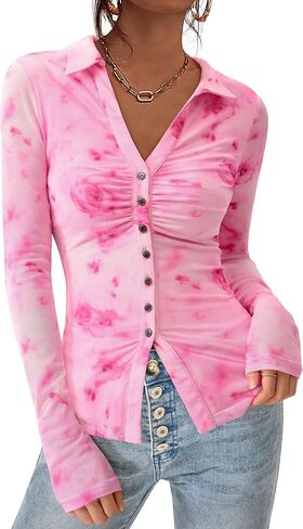 PrettyGarden Women Button Down Floral Dorts 2025 Fall Trendy Long Long Long V Neck Ruched Mesh Mesh Plouse Tops Tops Date Outfits in Saudi Arabia