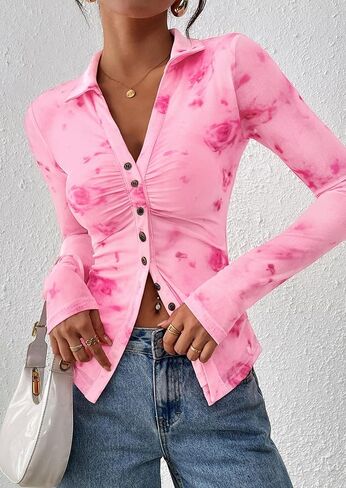 PrettyGarden Women Button Down Floral Dorts 2025 Fall Trendy Long Long Long V Neck Ruched Mesh Mesh Plouse Tops Tops Date Outfits in Saudi Arabia