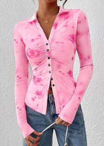 PrettyGarden Women Button Down Floral Dorts 2025 Fall Trendy Long Long Long V Neck Ruched Mesh Mesh Plouse Tops Tops Date Outfits in Saudi Arabia