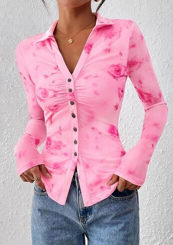PrettyGarden Women Button Down Floral Dorts 2025 Fall Trendy Long Long Long V Neck Ruched Mesh Mesh Plouse Tops Tops Date Outfits in Saudi Arabia