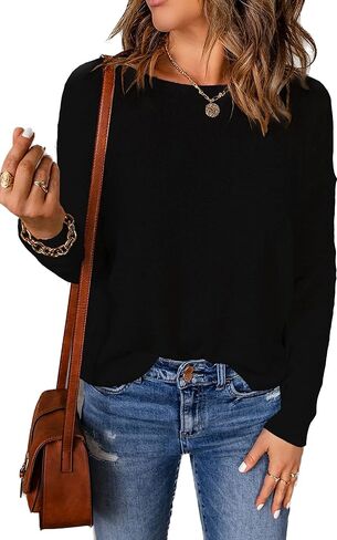 Womens's Drop Shoulder Casual Loose Crewneck Lightweight Long Sleeve Pullover Sweaters in Kuwait