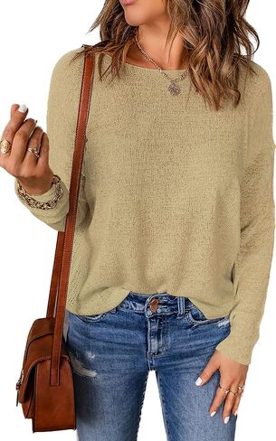 Womens's Drop Shoulder Casual Loose Crewneck Lightweight Long Sleeve Pullover Sweaters in Kuwait