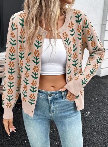 Sidefeel Women's Open Front Cardigan Sweaters Long Sleeve Button Down Floral Sweater in Saudi Arabia