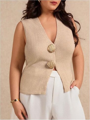 Verdusa Women's Plus Size Old Money Tie Back Sweater Stest Button Front Tops Front in Saudi Arabia