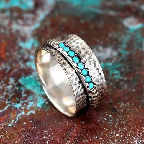 925 Sterling Silver Turn The Turquoise Ring Cut Natural Stone Rings Victorian Handmade Jewelry Turquoise Ring Cocktail Party Birthday for Women Turquoise Ring can be rotated 10 in Kuwait
