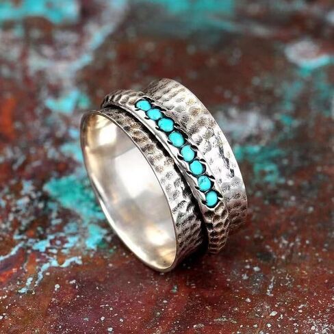 925 Sterling Silver Turn The Turquoise Ring Cut Natural Stone Rings Victorian Handmade Jewelry Turquoise Ring Cocktail Party Birthday for Women Turquoise Ring can be rotated 10 in Kuwait
