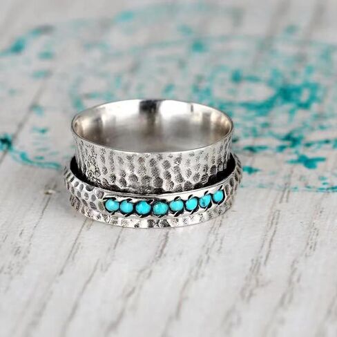 925 Sterling Silver Turn The Turquoise Ring Cut Natural Stone Rings Victorian Handmade Jewelry Turquoise Ring Cocktail Party Birthday for Women Turquoise Ring can be rotated 10 in Kuwait