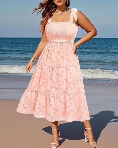 Plus Size Summer Dress 2025 - Sun Boho Spaghetti Strap Lace Floral Casual Beach Smocked Maxi Dress in Saudi Arabia