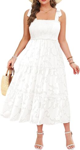 Plus Size Summer Dress 2025 - Sun Boho Spaghetti Strap Lace Floral Casual Beach Smocked Maxi Dress in Saudi Arabia