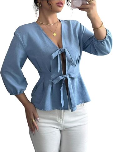WDIRARA Women's Bow Knot Front V Neck Blouse Bishop Sleeve Ruffle Hem Peplum Top Shirt in Saudi Arabia