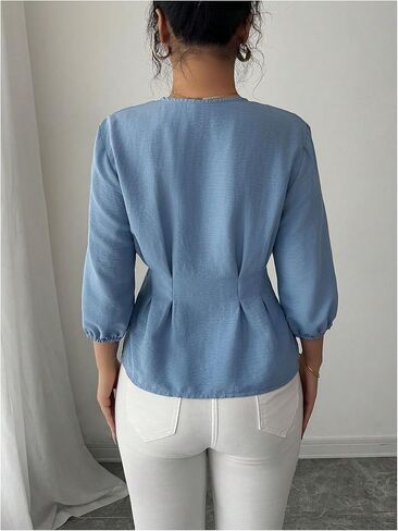 WDIRARA Women's Bow Knot Front V Neck Blouse Bishop Sleeve Ruffle Hem Peplum Top Shirt in Saudi Arabia