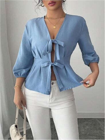 WDIRARA Women's Bow Knot Front V Neck Blouse Bishop Sleeve Ruffle Hem Peplum Top Shirt in Saudi Arabia