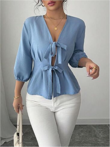 WDIRARA Women's Bow Knot Front V Neck Blouse Bishop Sleeve Ruffle Hem Peplum Top Shirt in Saudi Arabia