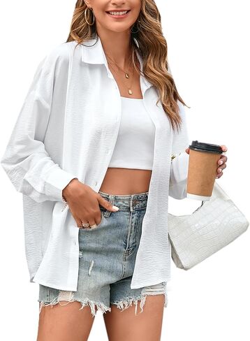 Womens Button Down Shirt Oversized Long Sleeve Gauze Tops Casual Boyfriend Button Up Shirts Dressy Blouse Summer in Saudi Arabia