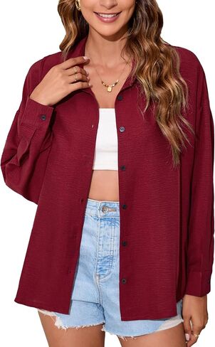 Womens Button Down Shirt Oversized Long Sleeve Gauze Tops Casual Boyfriend Button Up Shirts Dressy Blouse Summer in Saudi Arabia