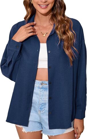Womens Button Down Shirt Oversized Long Sleeve Gauze Tops Casual Boyfriend Button Up Shirts Dressy Blouse Summer in Kuwait