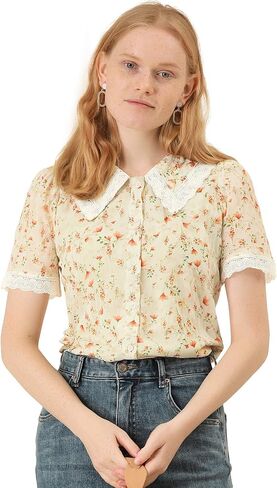Allegra K Women's Peter Pan Collar Shirt Lace Trim Floral Embroidered 1940s Peasant Blouse in Saudi Arabia