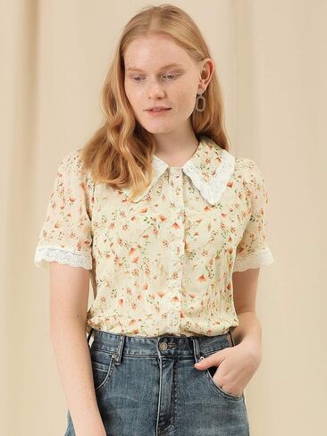 Allegra K Women's Peter Pan Collar Shirt Lace Trim Floral Embroidered 1940s Peasant Blouse in Saudi Arabia