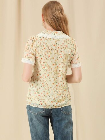 Allegra K Women's Peter Pan Collar Shirt Lace Trim Floral Embroidered 1940s Peasant Blouse in Saudi Arabia